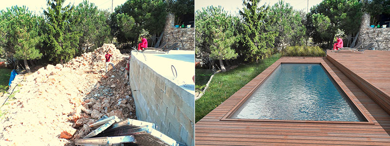 insertion 3d d'un projet de piscine avec terrasse bois